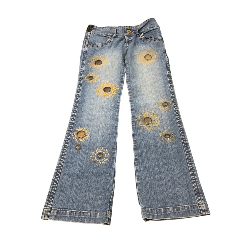 Bible Flare Jeans Womens 29 Blue Embellished Studded Mandala Y2K Wide Leg‎